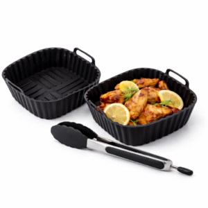 Air Fryer Accessories Set – 2 Silicone Liners with Handles and Silicone-Tipped Stainless Steel Tong, BPA-Free, Non-Stick, Dishwasher Safe