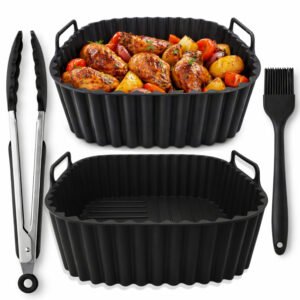 Air Fryer Accessories Set – 2 Silicone Liners with Handles and Silicone-Tipped Stainless Steel Tong, BPA-Free, Non-Stick, Dishwasher Safe